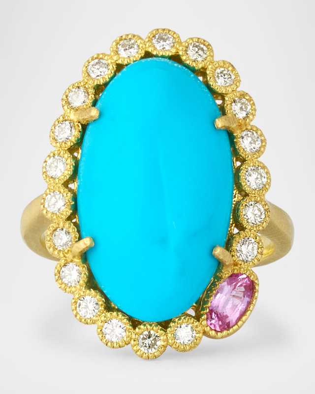 Marie Antoinette Turquoise Statement Ring with Diamonds and Pink Sapphire